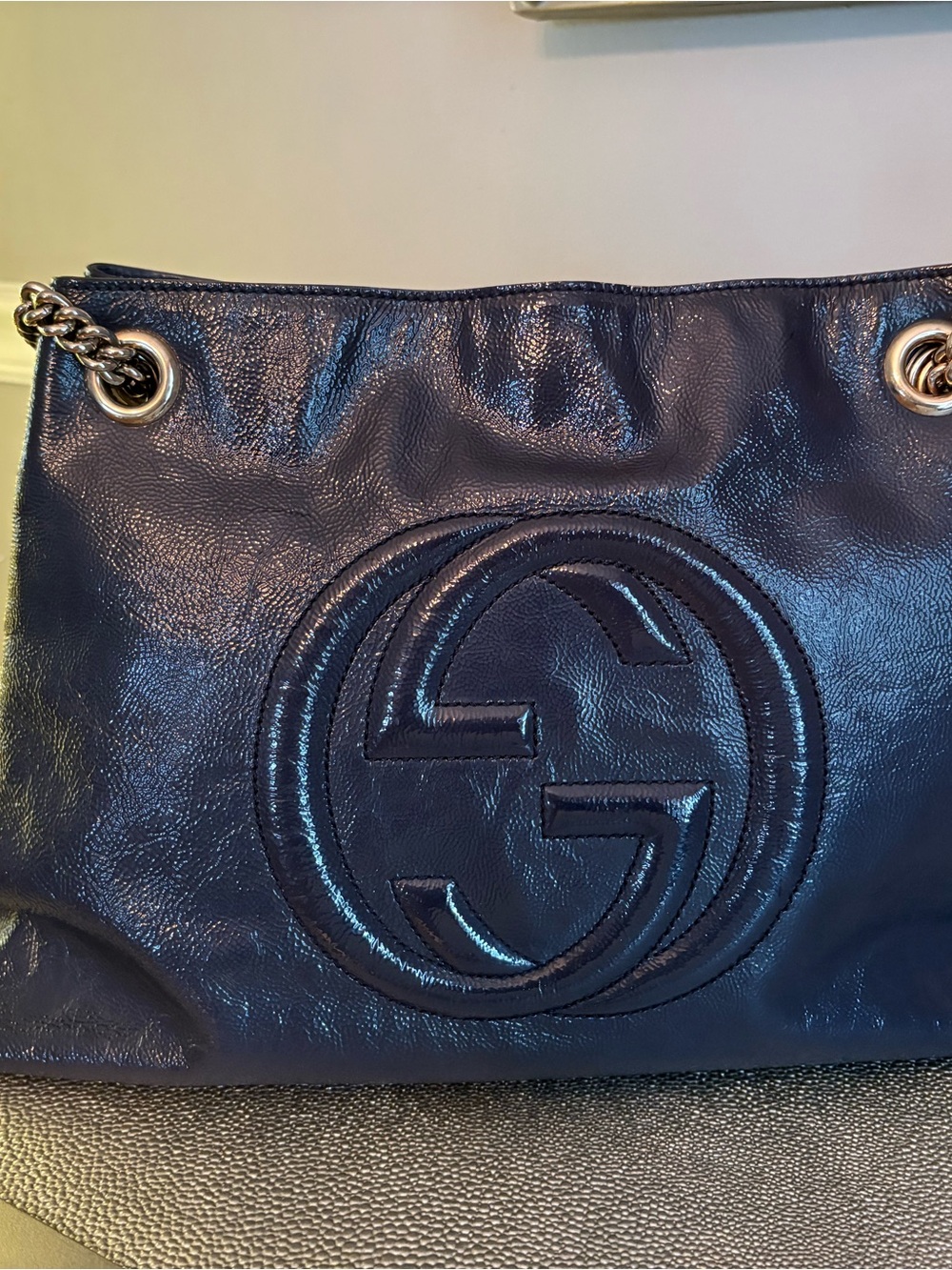 Gucci Navy Leather Shoulder Bag with Double G Logo and Gold Chain